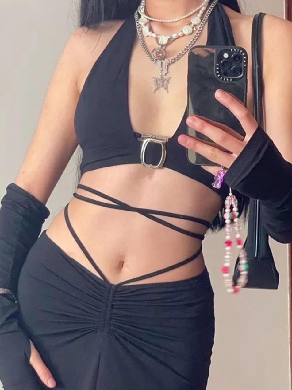 Black Strappy Crop Top With Halter Buckle